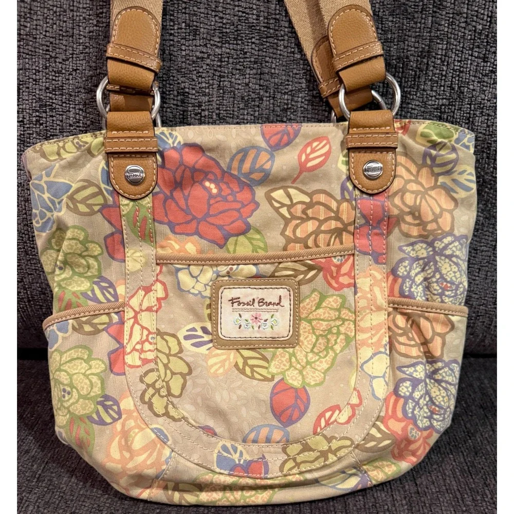 Fossil Key-Per Floral Hobo Tote Bag Canvas & Leather Trim Shoulder Purse